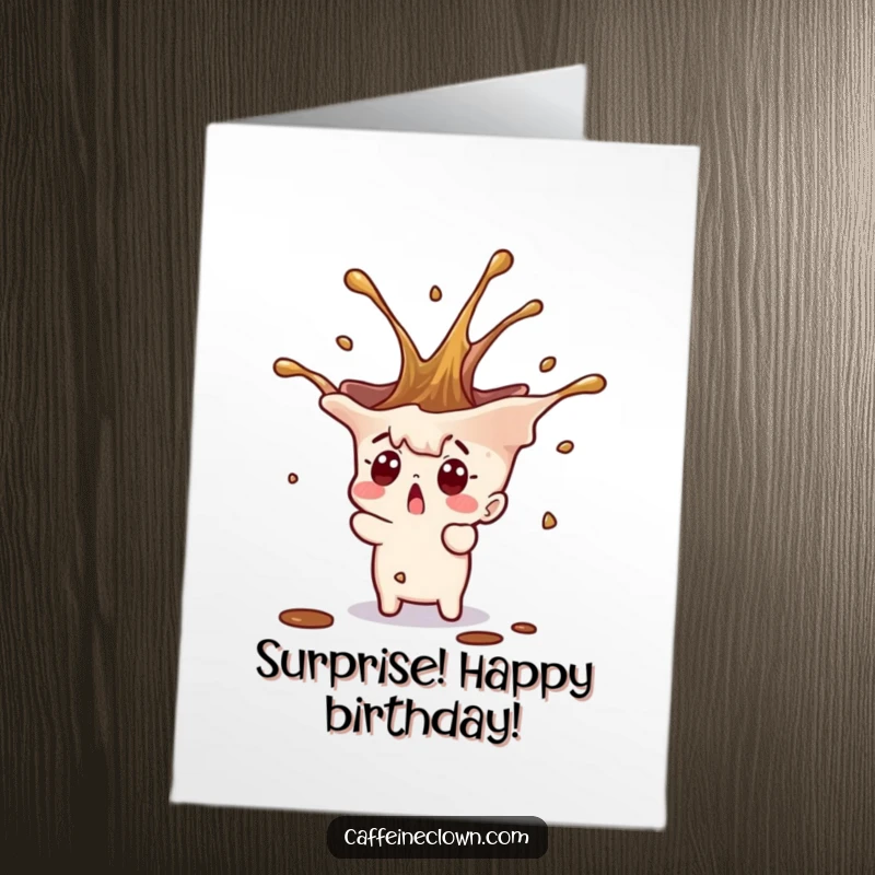 Funny Free Printable Birthday Card: Tiny character looks shocked as a coffee splash erupts upwards in a surprise.