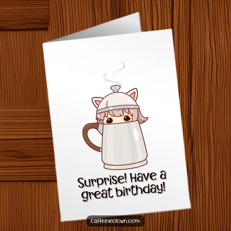 Funny Free Printable Birthday Card: Character peeking mischievously from behind a steaming coffee pot, playful surprise.