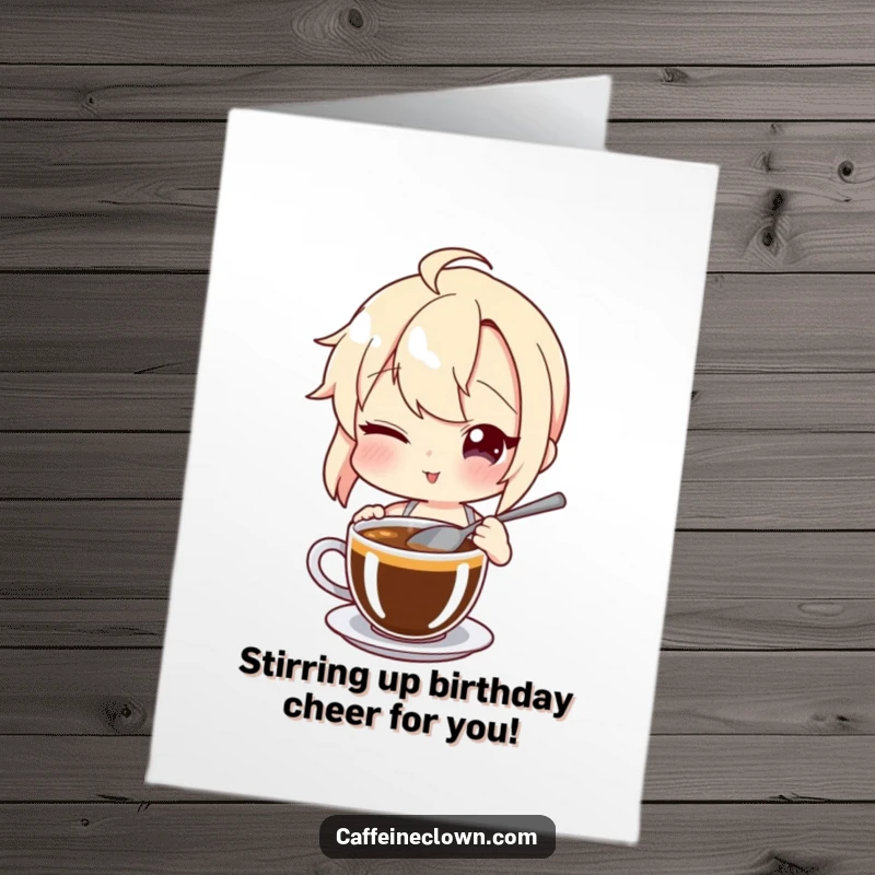 Funny Free Printable Birthday Card: A character winks playfully while stirring a coffee cup, wishing a happy birthday.