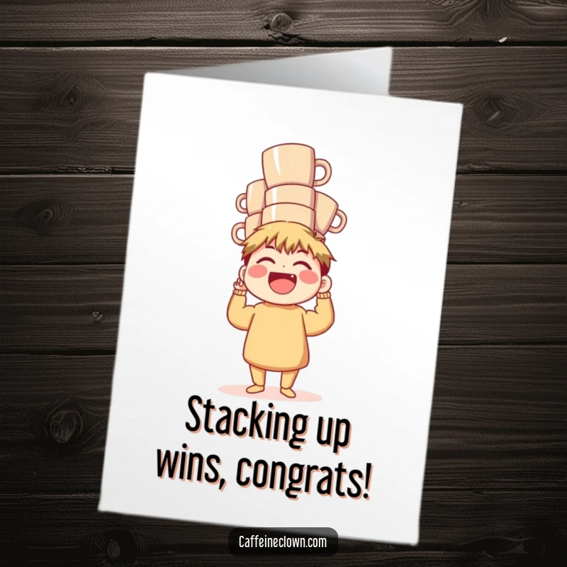 Free Printable Congratulations Card: A character is in stitches, balancing an enormous stack of coffee mugs, celebrating success.