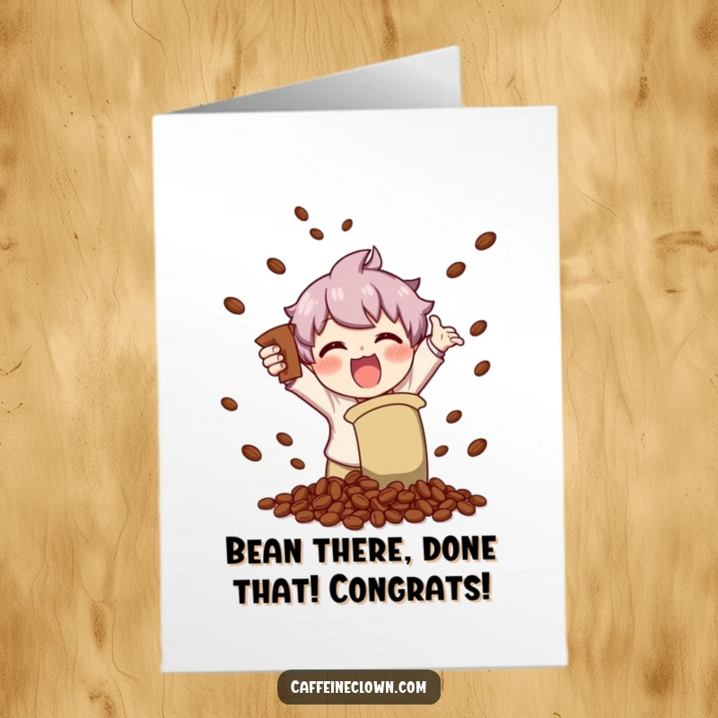 Funny Free Printable Congratulations Card featuring a character gleefully shaking a coffee bag, spilling beans with enthusiastic abandon.