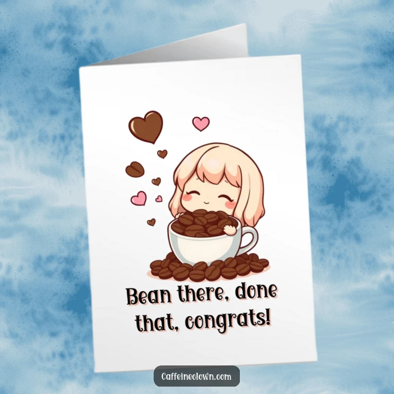 Funny Free Printable Congratulations Card: Character dreaming of coffee beans and hearts, celebrating success.