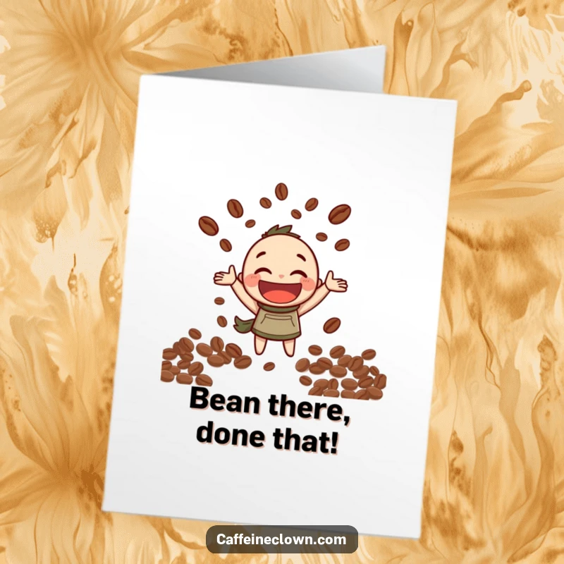 Funny Free Printable Congrats Card: A character joyfully juggling a pile of coffee beans, beaming with a wide, excited grin.