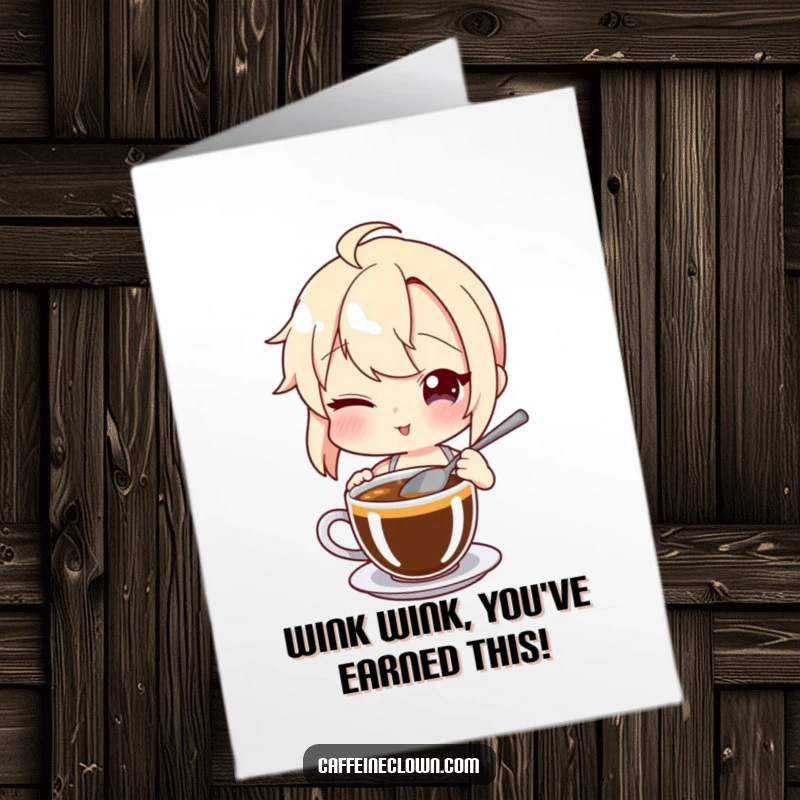 Free Printable Congratulations Card: A character winks slyly while stirring coffee, celebrating a well-deserved success.