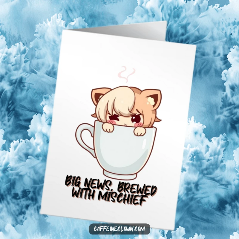 Funny Free Printable Congratulations Card: Character with a sly, mischievous smile peeking from behind a steaming coffee cup, witty message.
