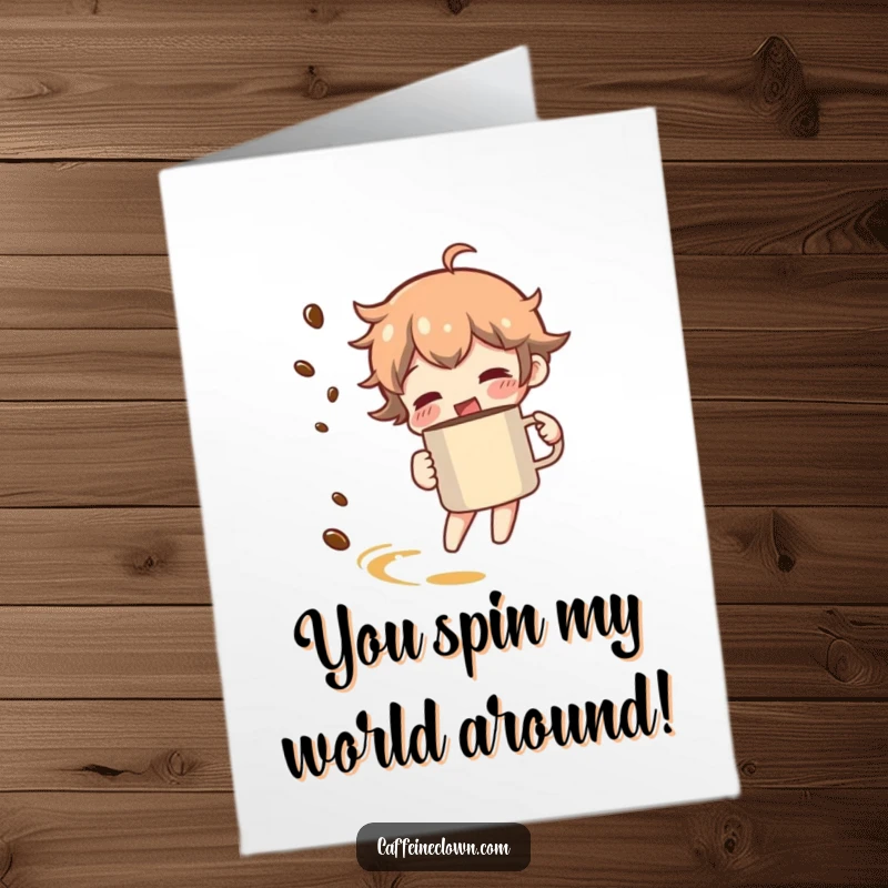 Funny Free Printable Congratulations Card: Character energetically spinning with a coffee mug, trailing aromatic coffee scent, celebratory motion.