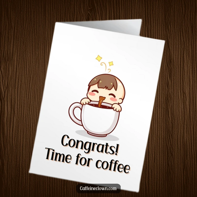 Funny Free Printable Congratulations Card with a small character happily pouring steaming coffee, symbolizing celebration.