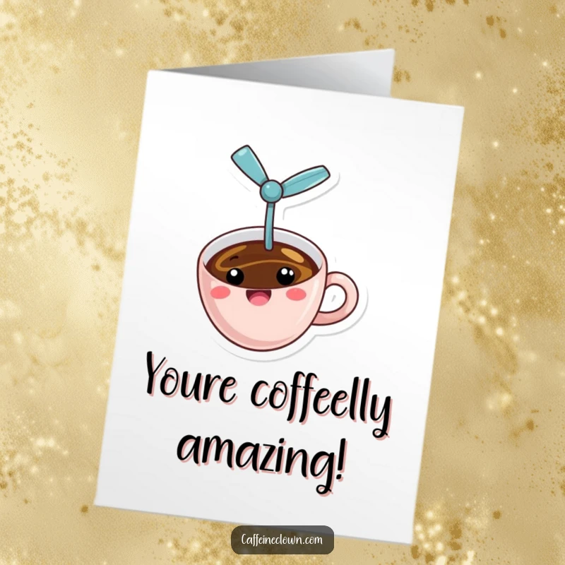 Funny Free Printable Congrats Card: A cheerful coffee cup with a propeller spins and flies erratically, celebrating a big win.