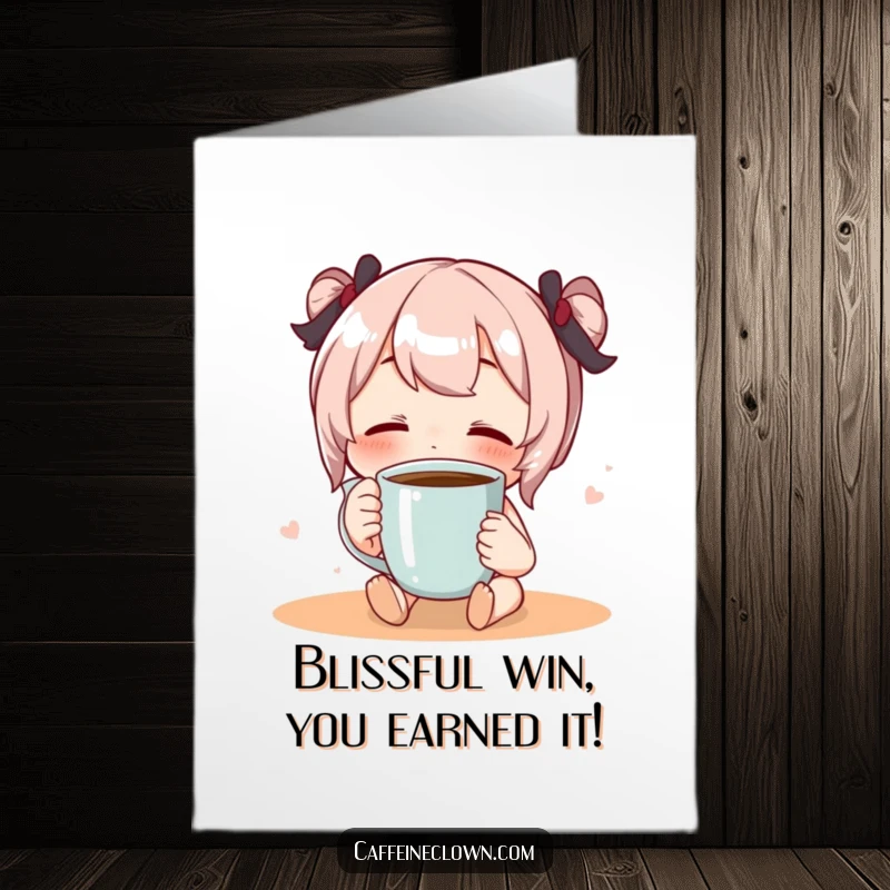 Funny Free Printable Congratulations Card: Character enjoys coffee with eyes closed in bliss, celebrating success.