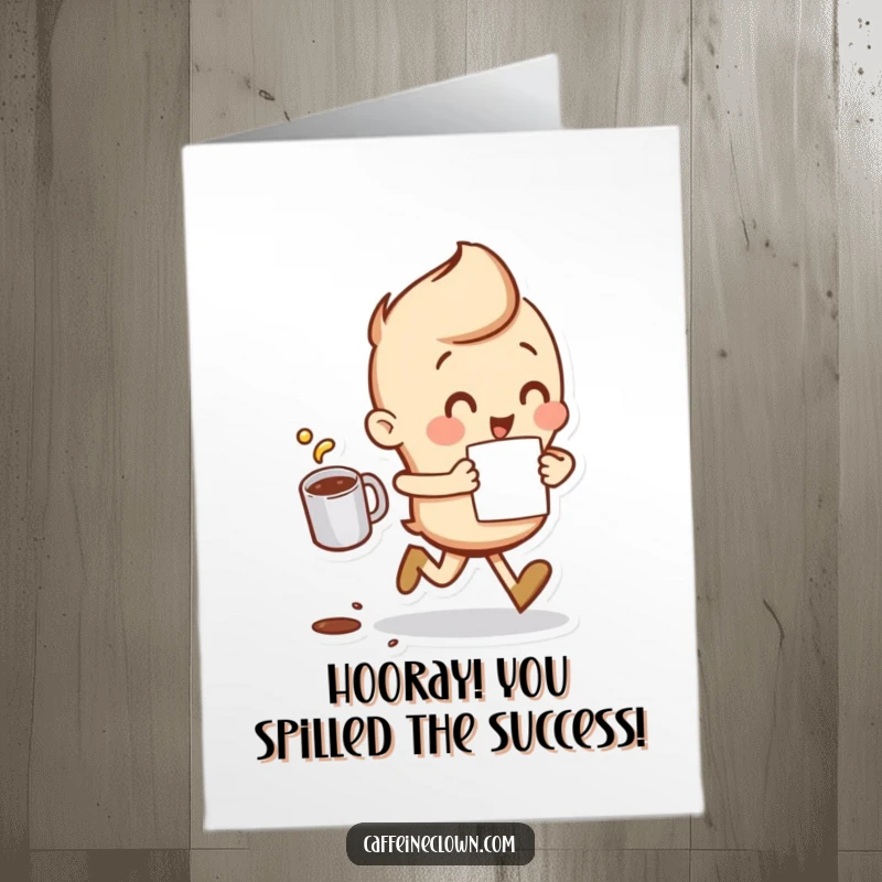 Funny Free Printable Congratulations Card: Character sprinting with coffee cup, small spill, celebrating victory, dynamic gift.