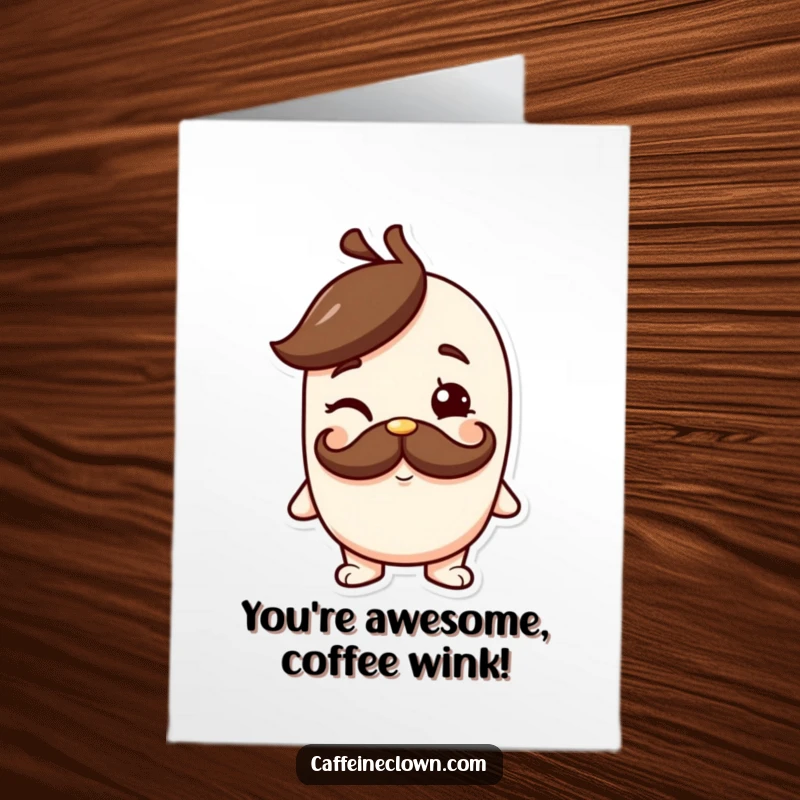 Funny Free Printable Congratulations Card: Character sporting a coffee mustache winks slyly, conveying congratulations.