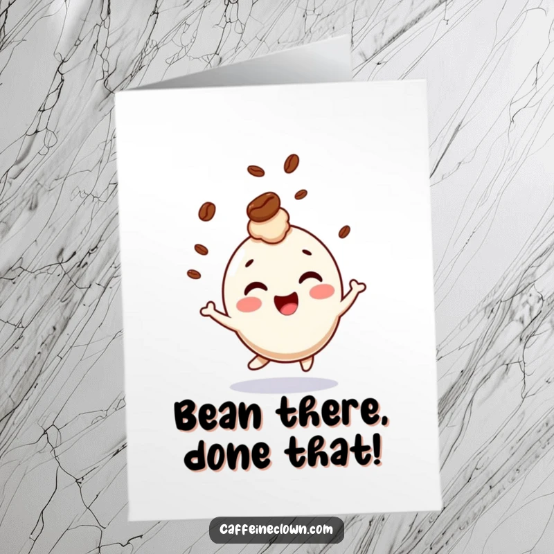 Funny Free Printable Congratulations Card: A character bounces gleefully while a coffee bean bounces on its head.