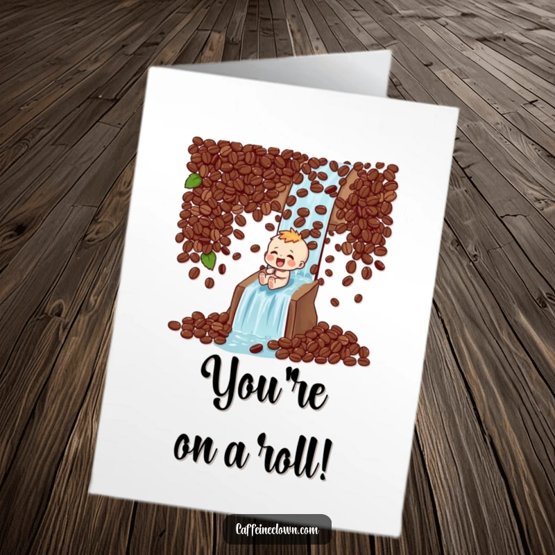 Funny Free Printable Congrats Card: A character joyfully sliding down a thrilling waterfall composed of coffee beans, laughing heartily.