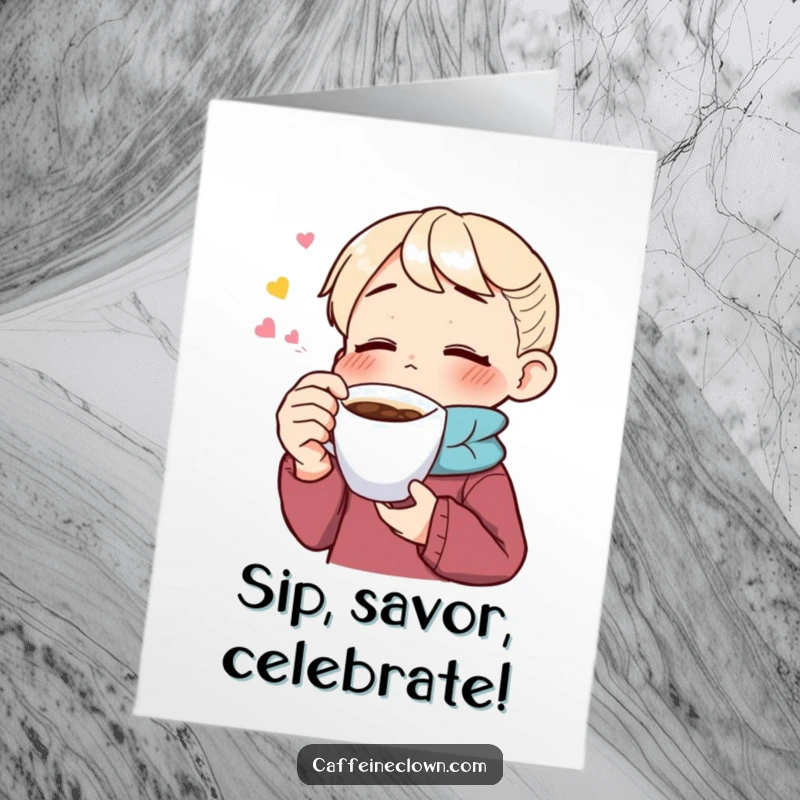 Funny Free Printable Congratulations Card: Eyes closed, a character luxuriates in a sip of coffee, embodying peaceful celebration.