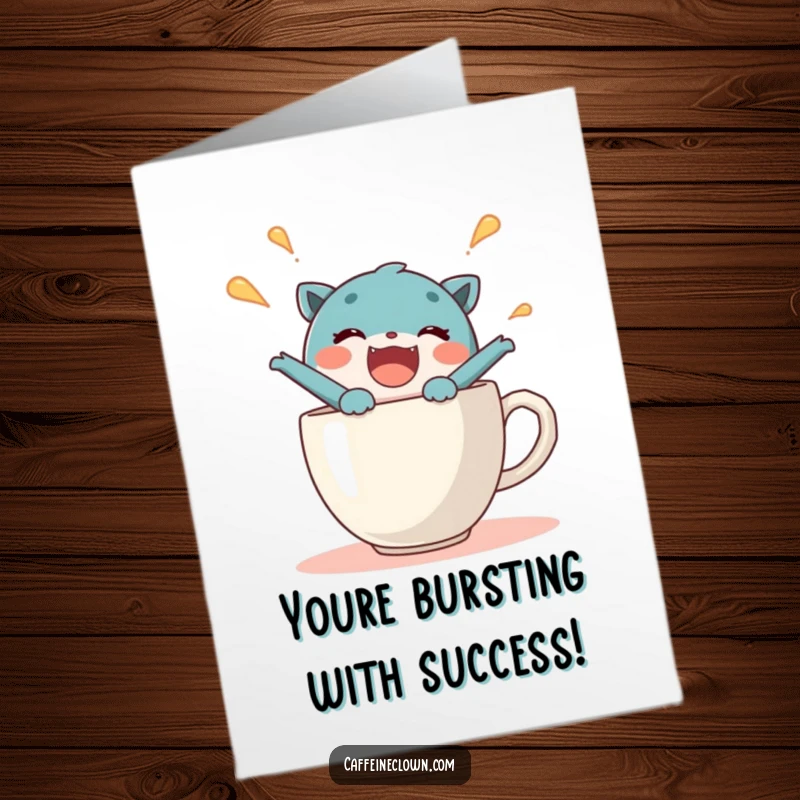 Funny Free Printable Congratulations Card: A character bursts joyfully from a coffee cup, celebrating an achievement with excitement.