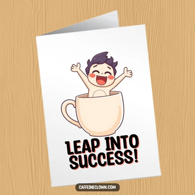Funny Free Printable Congrats Card: Energetic character making a huge leap out of a coffee mug to celebrate achievements.