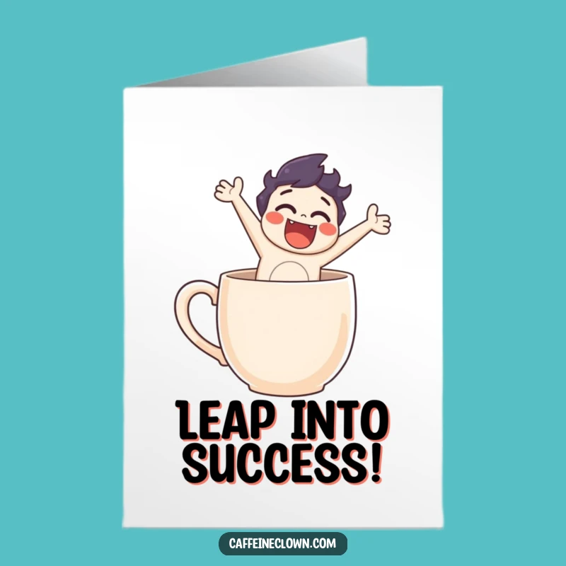 Free Printable Congrats Card: Funny Coffee Mug Leap Design for a Celebratory Downloadable Gift