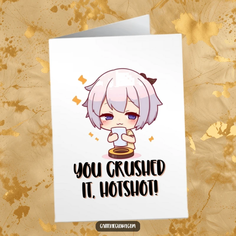 Funny Free Printable Congratulations Card showing a character fanning themself with a coaster, looking comically overheated and relieved.
