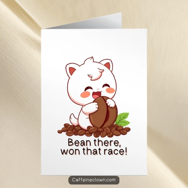 Funny Free Printable Congratulations Card: Character laughing with a coffee bean, celebrating achievement, humorous present.