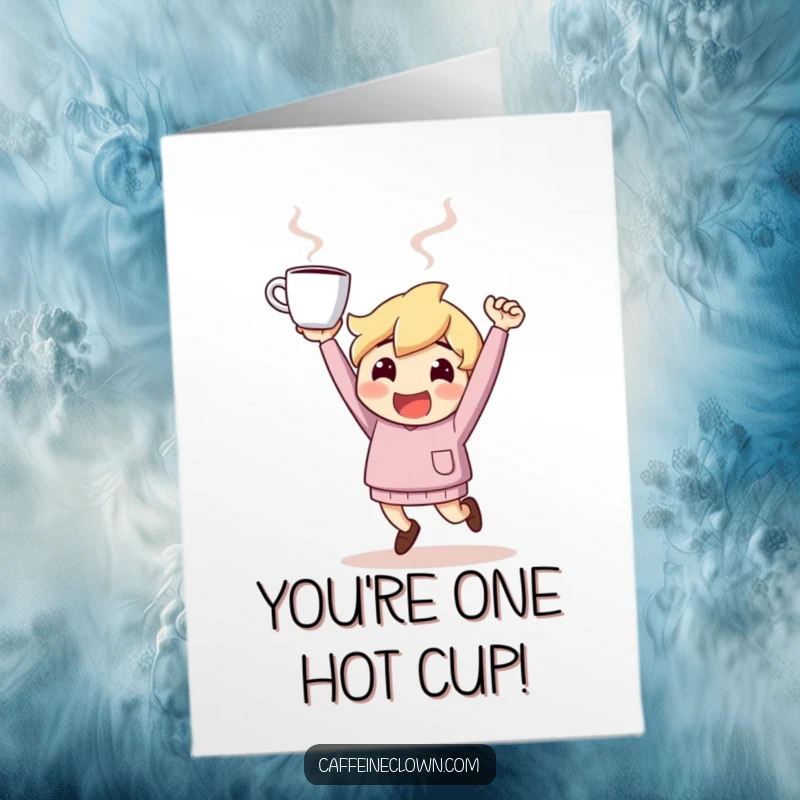 Funny Free Printable Congrats Card: A character full of energy, bouncing and holding a steaming coffee cup aloft in triumph.