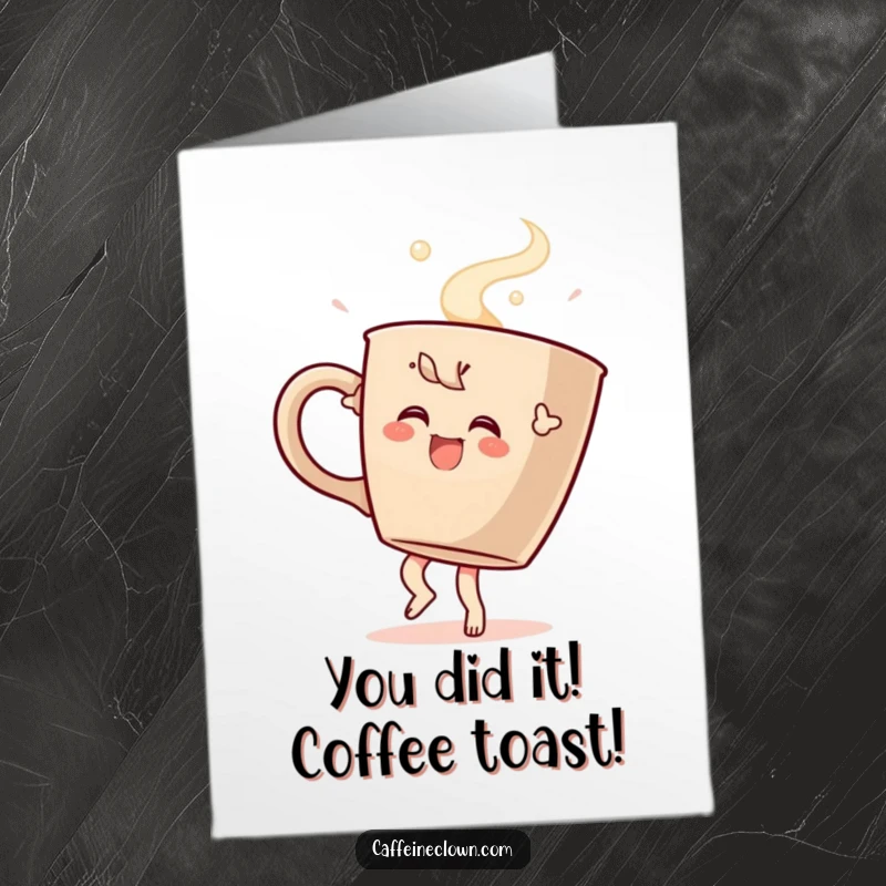 Funny Free Printable Congratulations Card: Energetic coffee character doing a happy dance with a large steaming coffee cup.