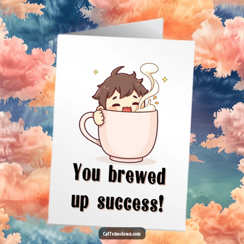 Funny Free Printable Congrats Card: A joyful character energetically stirring a huge coffee mug, celebrating achievements with frothy excitement.