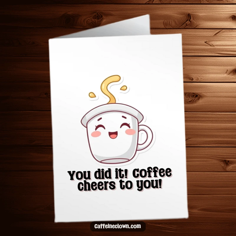 Funny Free Printable Congratulations Card: Coffee mug hat character spilling joyful steam, celebrating success, ideal downloadable gift.