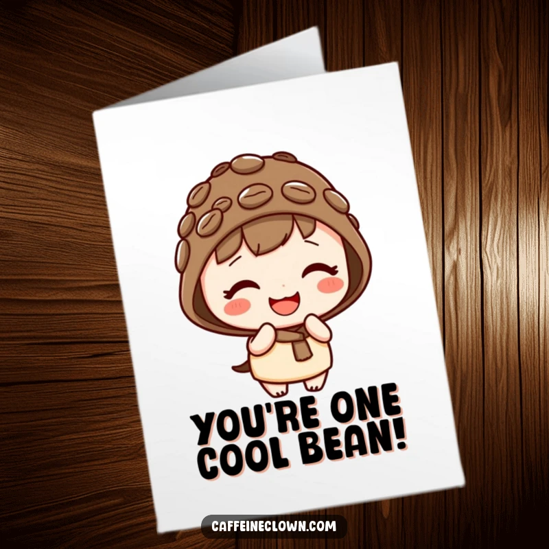 Funny Free Printable Congratulations Card featuring a kawaii character wearing a coffee bean hat and sharing a delightful giggle.