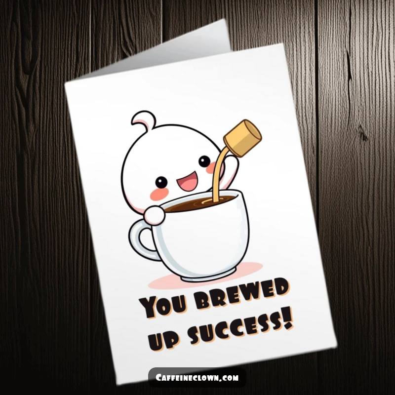Funny free printable congratulations card: Kawaii character excitedly pours giant coffee, celebrating your success with glee.