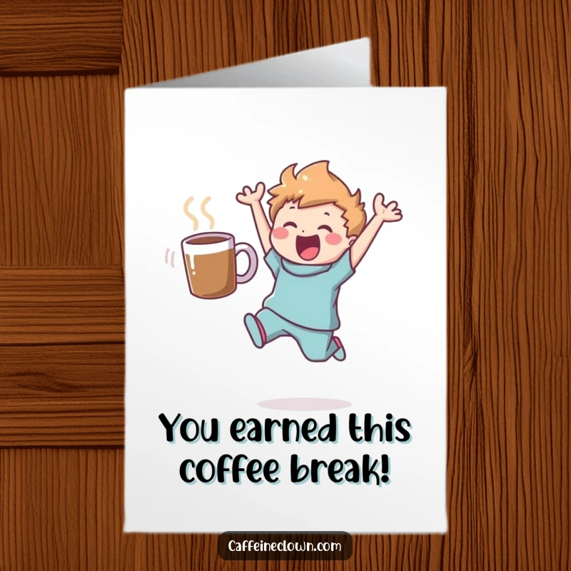 Funny Free Printable Congratulations Card: A joyful character leaps mid-air with a floating coffee mug, cheering success.