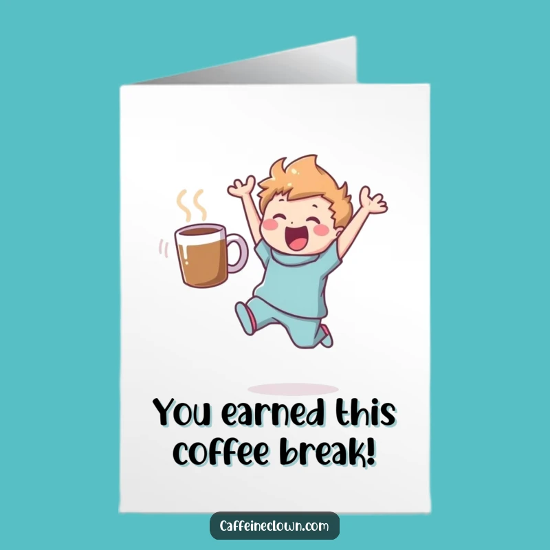 Free Printable Congrats Card: Leaping Coffee Fan, Funny Downloadable Gift