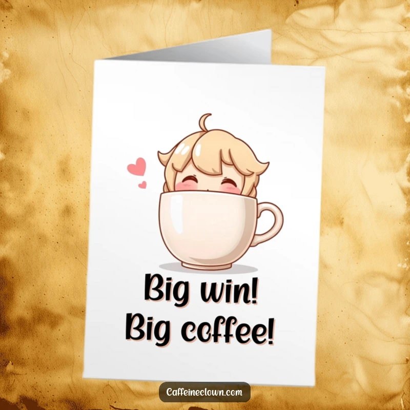 Funny Free Printable Congratulations Card: A happy character sips from a huge coffee cup, celebrating a big win.