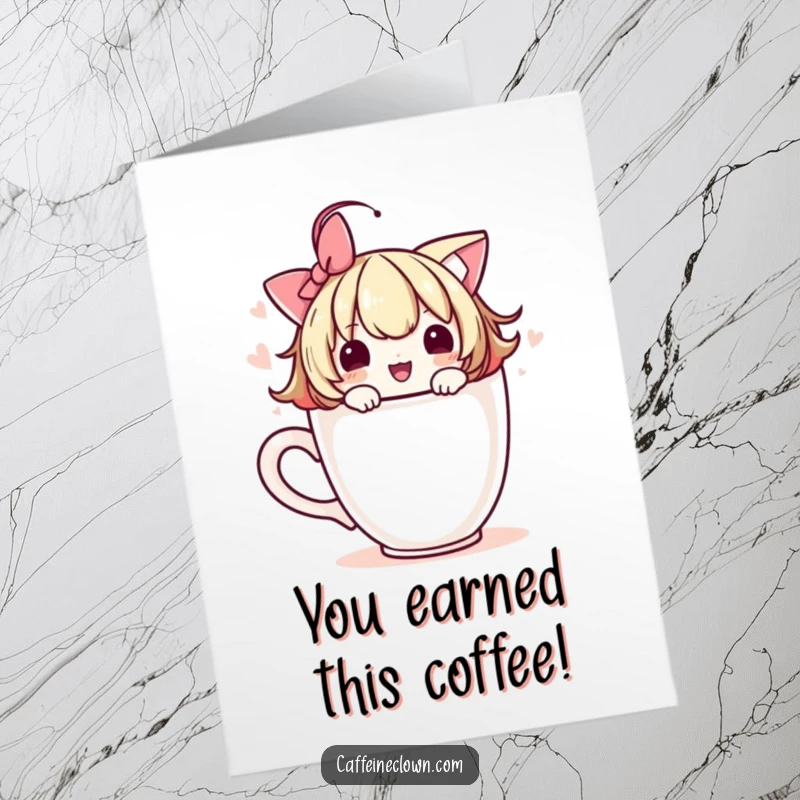Free Printable Congratulations Card: Cute character adorning a coffee cup with a playful flourish, celebrating with a stylish touch.