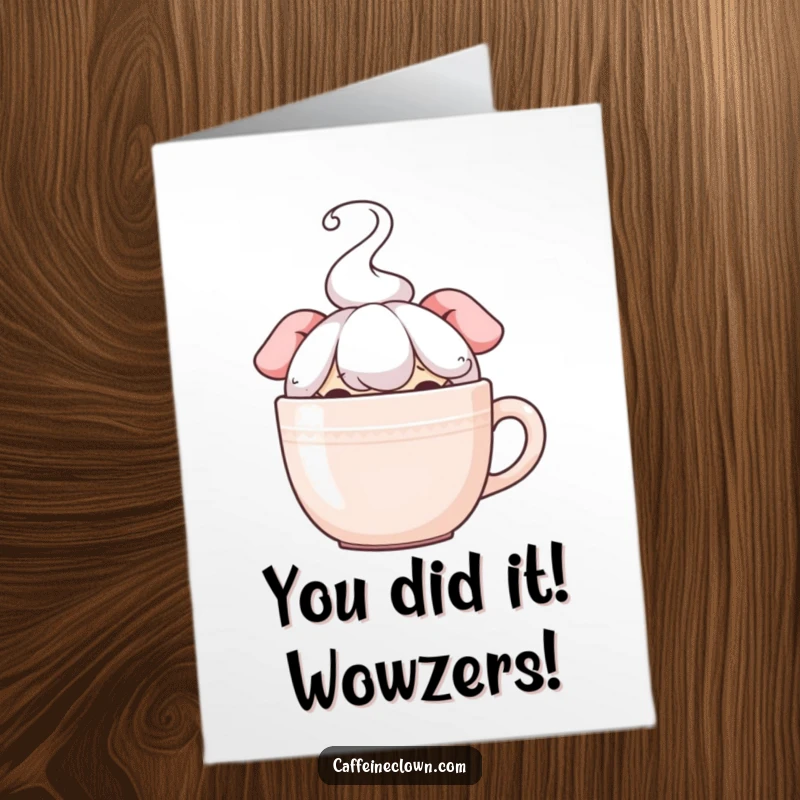 Funny Free Printable Congratulations Card: Character peeking playfully from behind a steaming coffee mug, anticipating happy news.