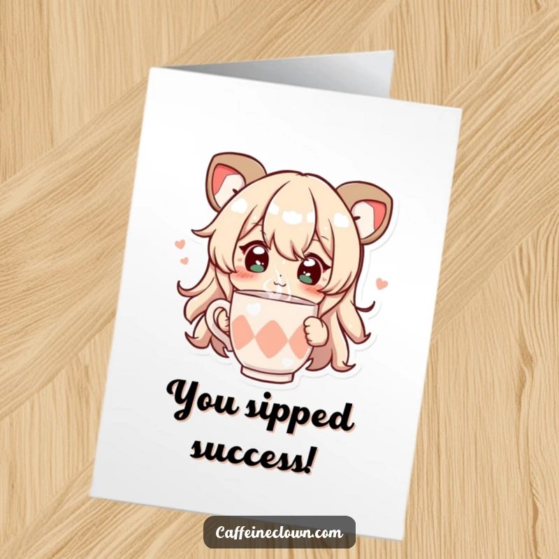 Free Printable Congratulations Card: Character with sparkling eyes, joyfully sipping from a steaming cup, celebrating achievement with delight.