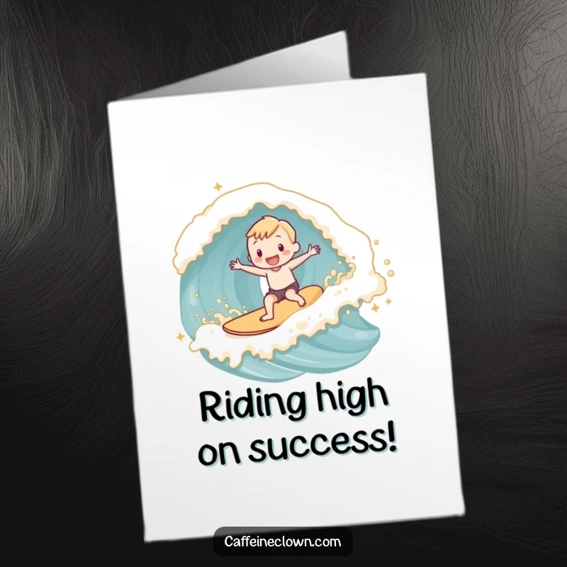 Funny Free Printable Congrats Card: Adorable character joyfully surfs a wave of creamy latte foam in celebration.