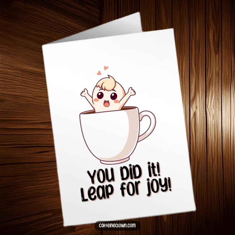 Free Printable Congratulations Card: A character bursts out of a coffee cup, eyes wide with surprise, cheering for success.