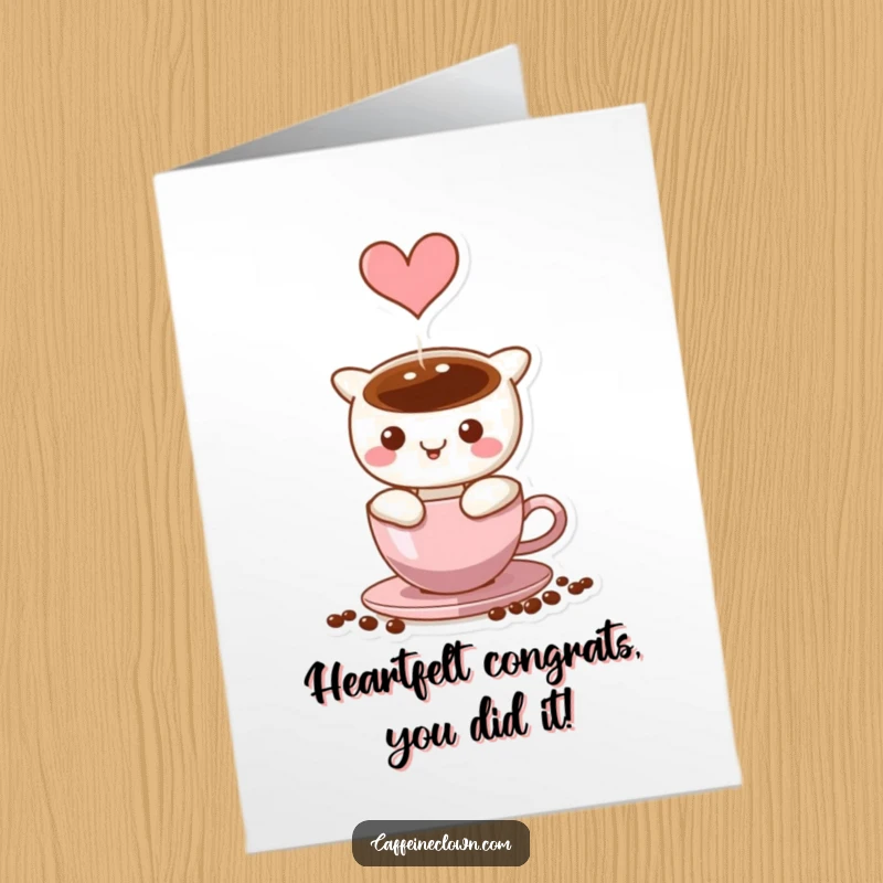 Funny Free Printable Congratulations Card: Heart-shaped coffee steam, character beaming, celebrating success, thoughtful gift.