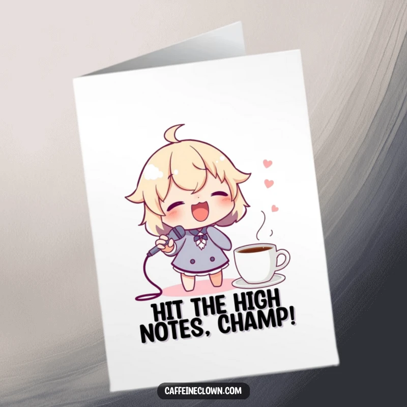 Funny Free Printable Congratulations Card showing a character joyfully singing into a spoon-microphone, with a coffee mug nearby.