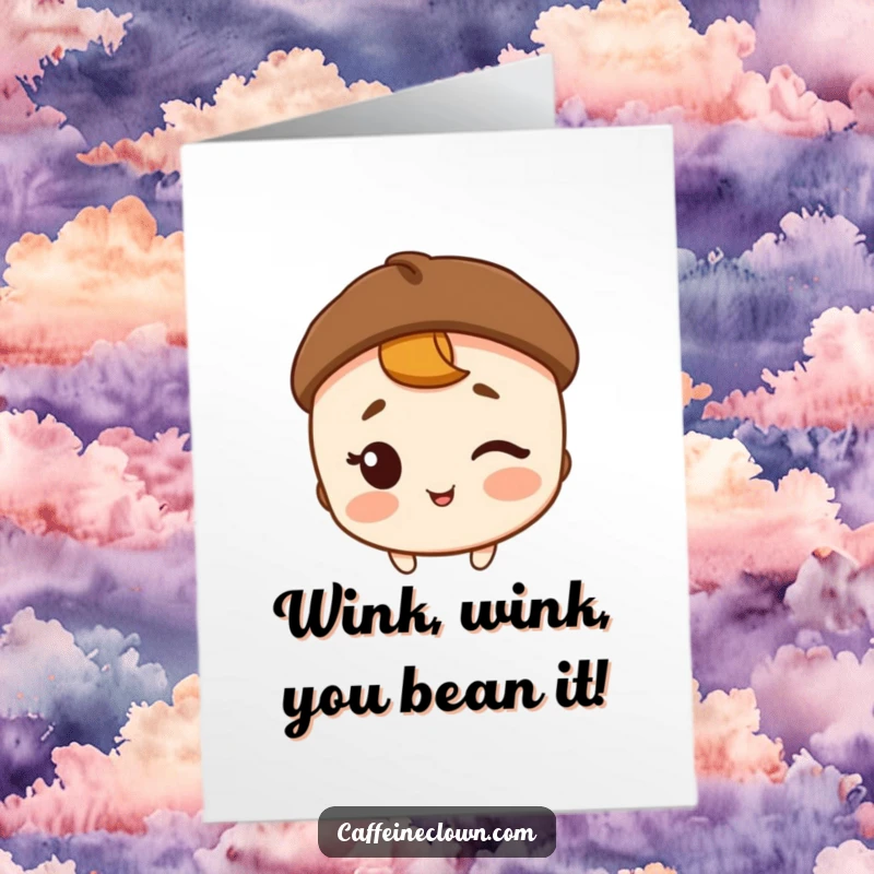 Funny Free Printable Congratulations Card: Character in a coffee bean hat winks, celebrating achievements.
