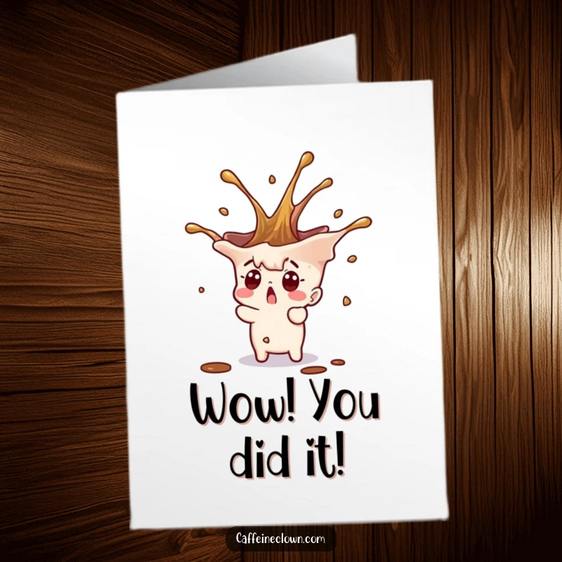Funny Free Printable Congrats Card: A tiny character shows surprise as a coffee splash erupts upwards in celebration.