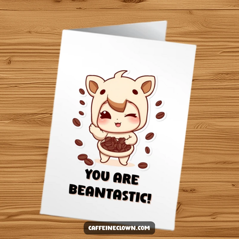 Funny free printable congratulations card: Character winks and juggles coffee beans with a playful smirk, celebrating your amazing win.