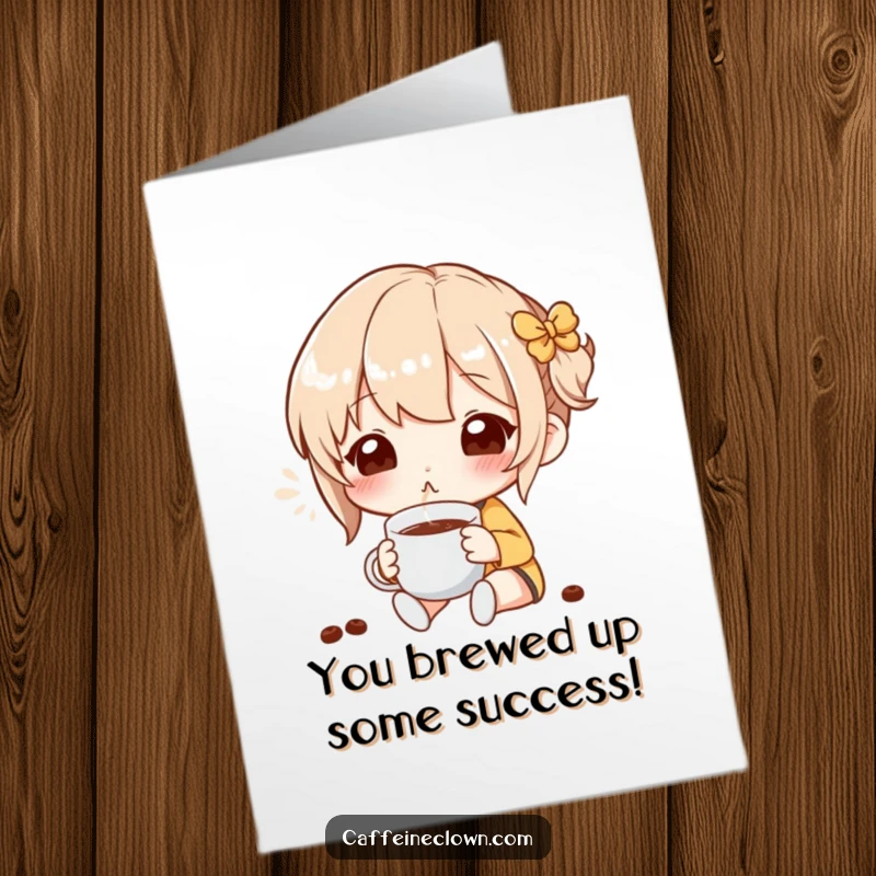 Funny Free Printable Congratulations Card: Character inhaling coffee aroma happily, celebrating success, unique gift.