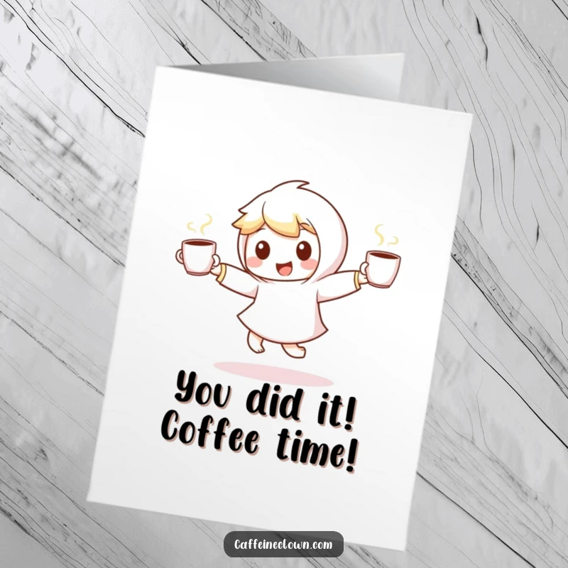 Funny Free Printable Congratulations Card: An energetic character joyfully dances with two coffee cups, celebrating an achievement.
