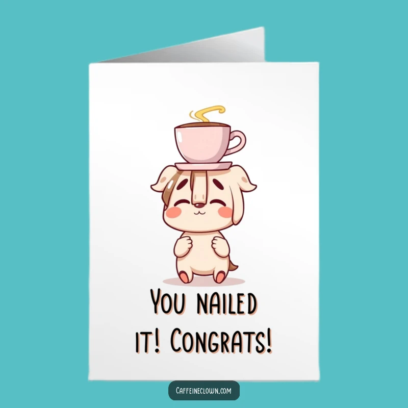 Free Printable Congrats Card: Clumsy Coffee Balance Character Celebration