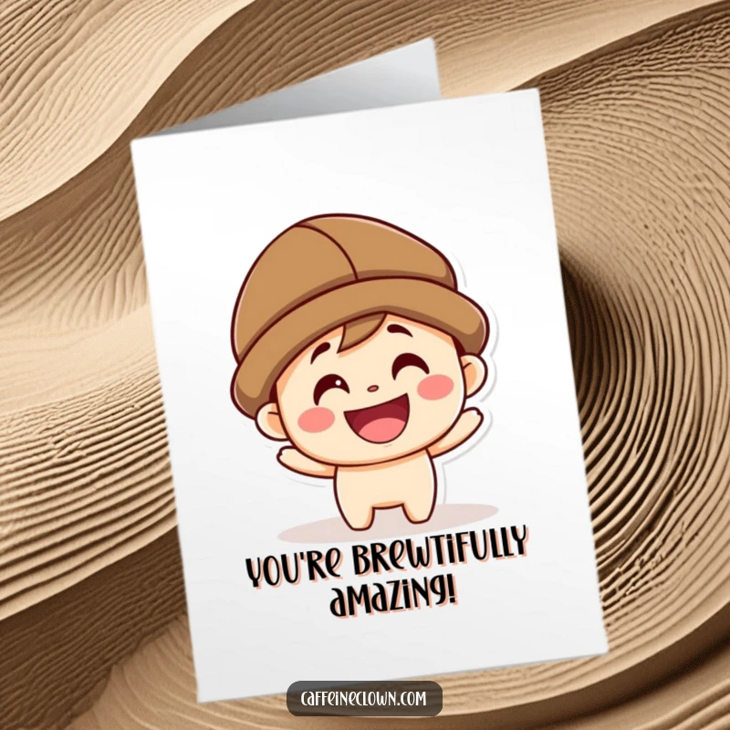 Funny Free Printable Congrats Card: Kawaii coffee bean character beaming with a wide grin, celebrating success.