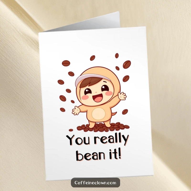 Free Printable Congratulations Card: Character joyfully juggling coffee beans, a lively and humorous way to celebrate success.