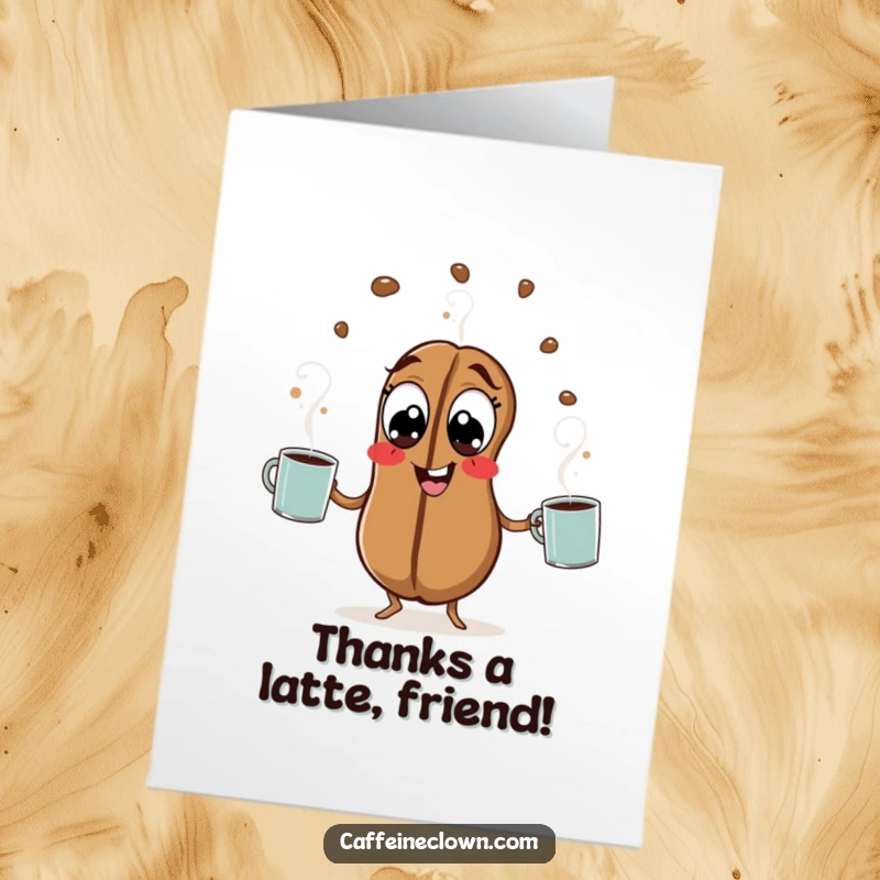 Funny Free Printable Thank You Card: A hyperactive coffee bean juggling mugs, expressing thanks with enthusiasm.