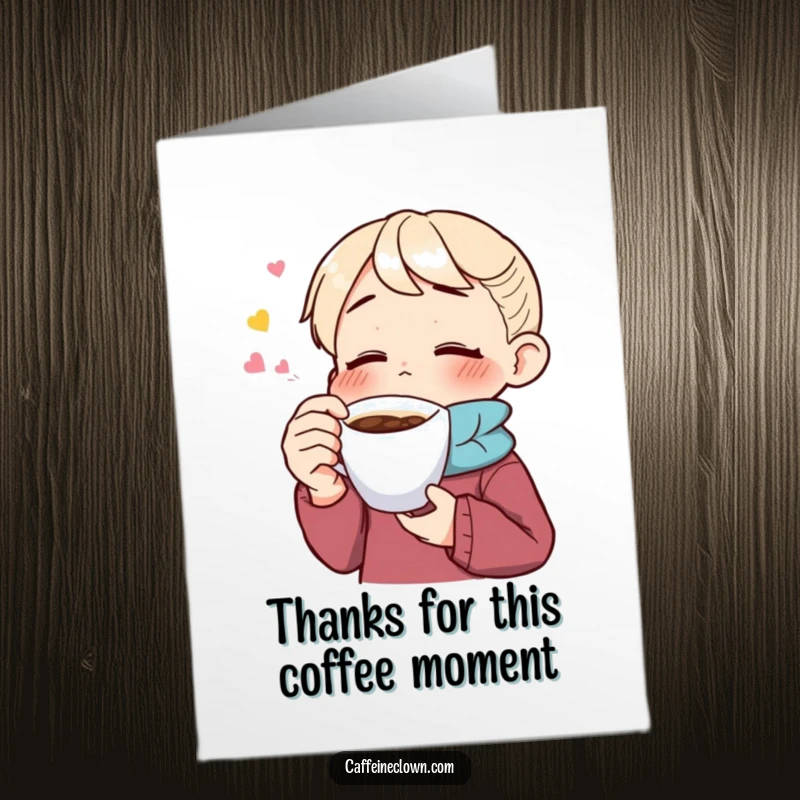 Funny Free Printable Thank You Card: A character closes their eyes in pure bliss while sipping coffee, thanking you.