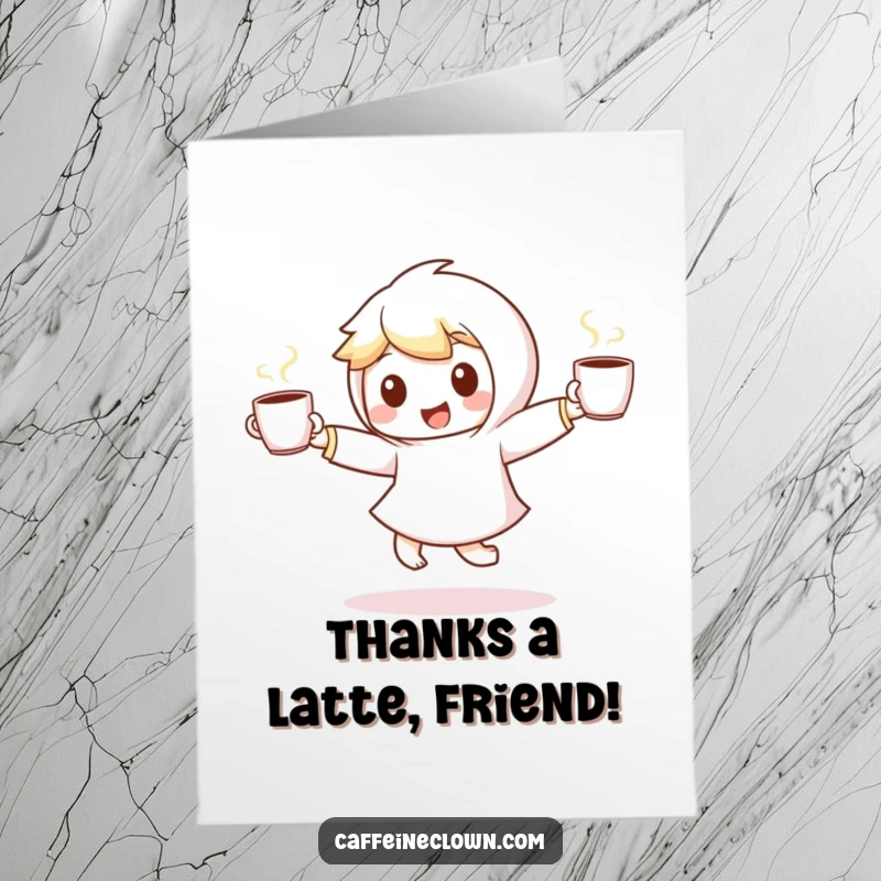 Funny Free Printable Thank You Card: A small character energetically dances with coffee cups, showing sincere appreciation.